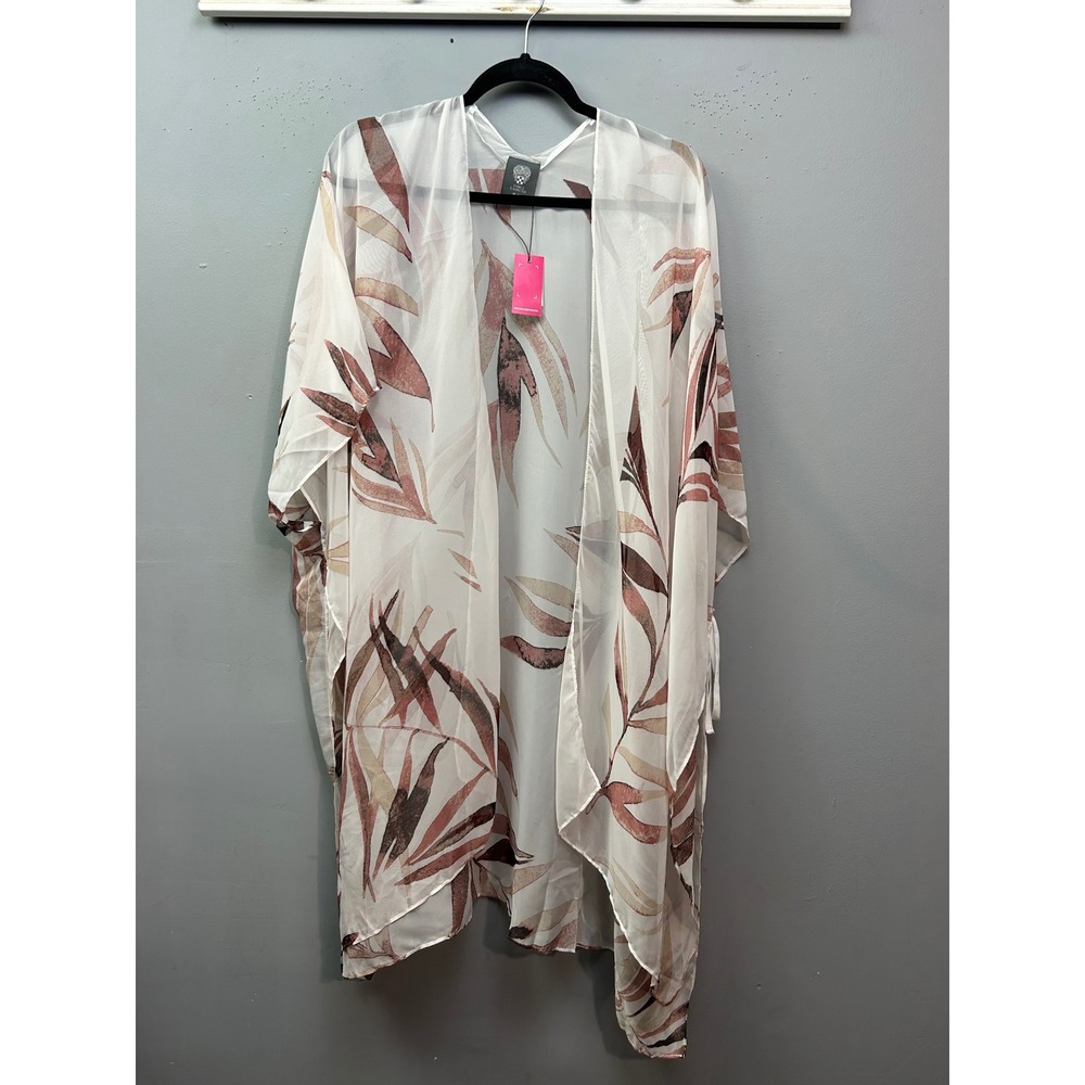Vince Camuto Kimono Women Plus Ivory Blush Tropical Leaf Wrap Layering Sheer